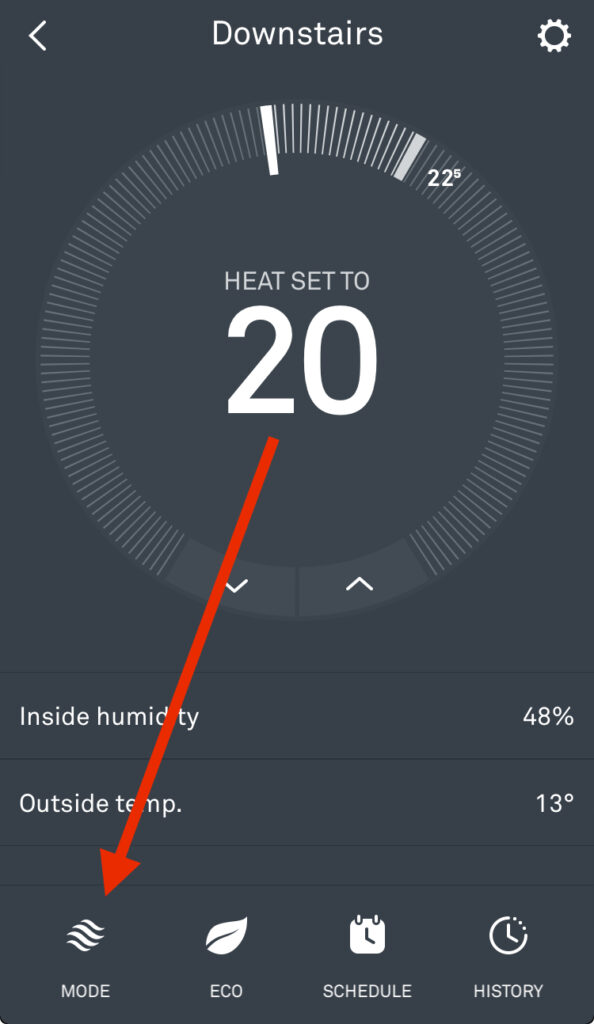 Nest thermostat page on app with red arrow pointing to mode button